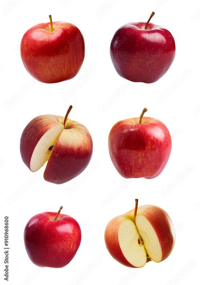 A collection of six fresh red apples, including whole and sliced pieces, isolated on a white background for culinary and health themes. A collection of six fresh red apples, including whole and sliced pieces, isolated on a white background for culinary and health themes.