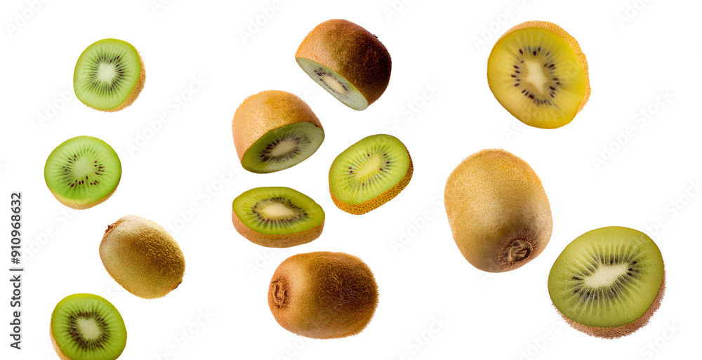 Fototapeta premium A vibrant collection of whole and sliced kiwis showcasing the fruit's textured skin and vivid green interior against a white background.