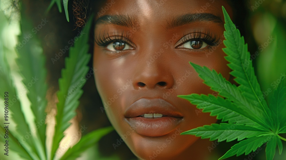 A close-up portrait of a young woman framed by vivid green cannabis leaves. A close-up portrait of a young woman framed by vivid green cannabis leaves.