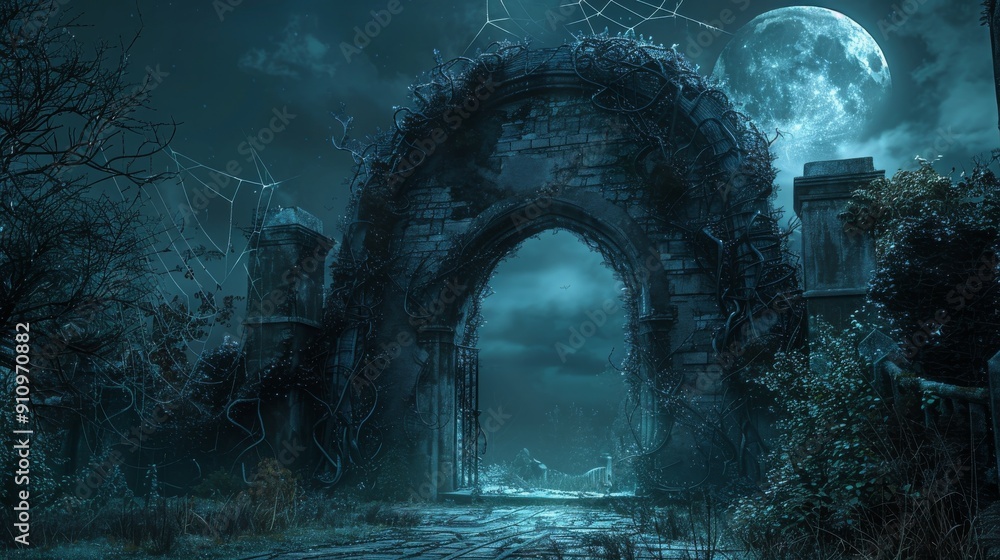 Fototapeta premium Dark gothic archway covered in twisting vines and spiderwebs, bathed in moonlight, evoking a hauntingly spooky entrance.