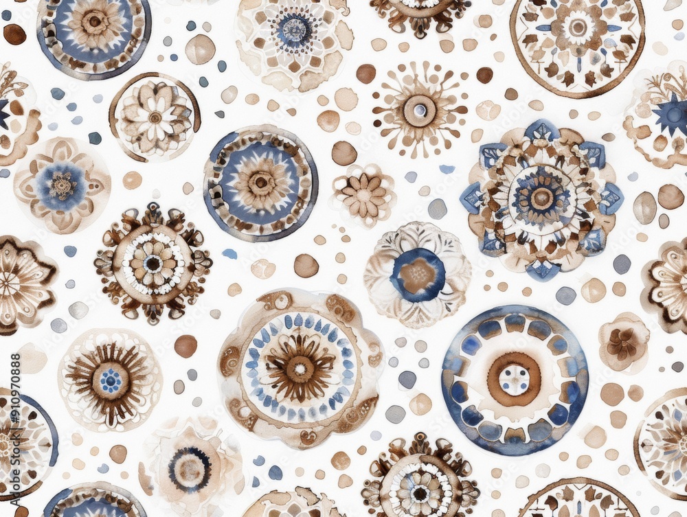 Bohemian mandalas with intricate details in earthy colors, creating a seamless watercolor pattern that's both serene and artistic, perfect for textiles and decor. Bohemian mandalas with intricate details in earthy colors, creating a seamless watercolor pattern that's both serene and artistic, perfect for textiles and decor.