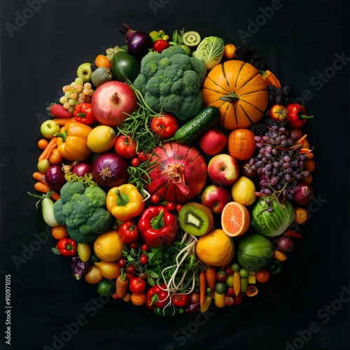 Round arrangement of fresh fruits and vegetables on a black background. Healthy and colorful assortment. Perfect for promoting healthy eating and organic food products. AI