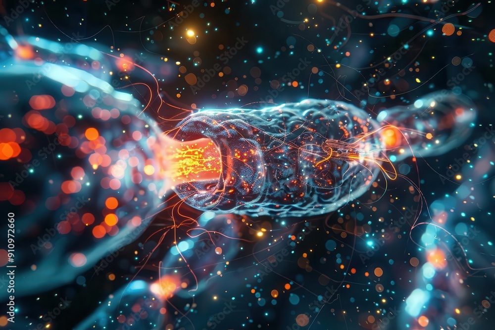 3d rendering of bioluminescent stem cells interacting with futuristic nanobot capsules surrounded by a network of glowing synapses 3d rendering of bioluminescent stem cells interacting with futuristic nanobot capsules surrounded by a network of glowing synapses
