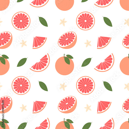 Seamless pattern with whole grapefruit and slices. Vector pattern with orange fruit, leaves and flowers on white background.
