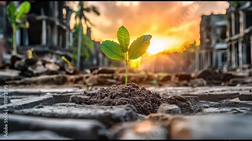 Vibrant green plant growing amidst urban ruins symbolizing hope and renewal in golden hour sunlight