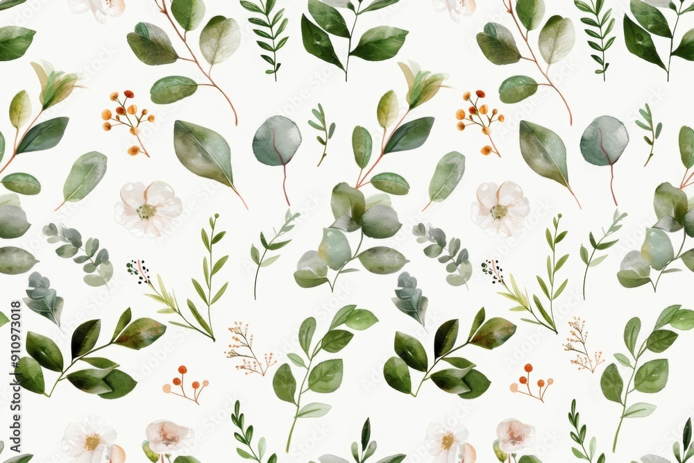 Seamless watercolor pattern featuring delicate greens and wildflowers, capturing the essence of botanical herbs with a fresh and natural aesthetic. Seamless watercolor pattern featuring delicate greens and wildflowers, capturing the essence of botanical herbs with a fresh and natural aesthetic.