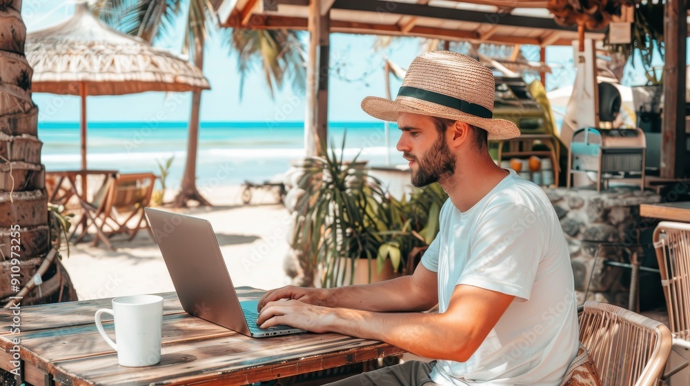 Young professional working on a laptop at a beachside cafe, digital nomad and remote work concpet . Young professional working on a laptop at a beachside cafe, digital nomad and remote work concpet .
