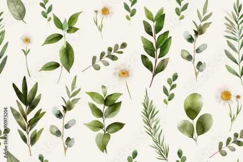 Seamless watercolor pattern featuring delicate greens and wildflowers, capturing the essence of botanical herbs with a fresh and natural aesthetic.
