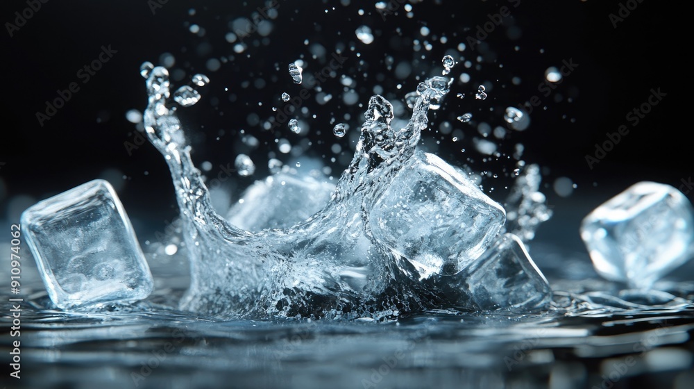 Dynamic splash of water with realistic ice cubes, showcasing the beauty and energy of liquid in motion. Transparent and detailed. Dynamic splash of water with realistic ice cubes, showcasing the beauty and energy of liquid in motion. Transparent and detailed.