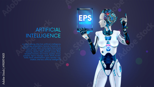 AI or artificial intelligence in the form of humanoid female robot holds an empty poster or screen template in hands. Ai robot presents business report. Robot Speaker presentation about AI. AI chatbot