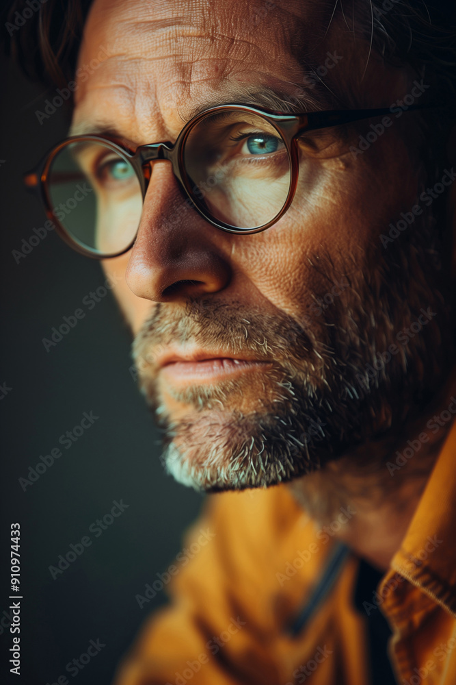 Close up photo of a man with a serious expression wearing glasses Close up photo of a man with a serious expression wearing glasses