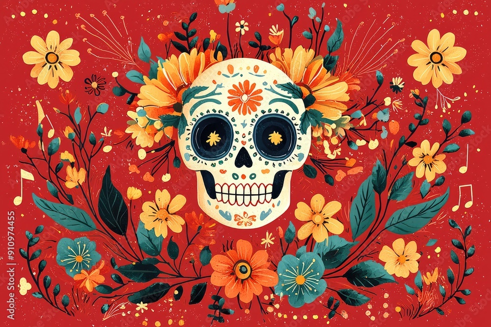 A skull decorated with flowers and music elements A skull decorated with flowers and music elements