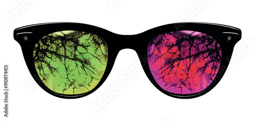 Horror spooky green neon pink eye glasses vector clipart illustration - creative reflection spectacles clip art - night glasses - tree pattern sunglasses
