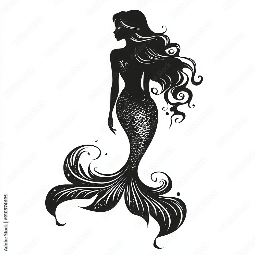 Black and white silhouette of a mermaid with flowing hair and intricate tail design, perfect for fantasy or nautical-themed projects. Black and white silhouette of a mermaid with flowing hair and intricate tail design, perfect for fantasy or nautical-themed projects.