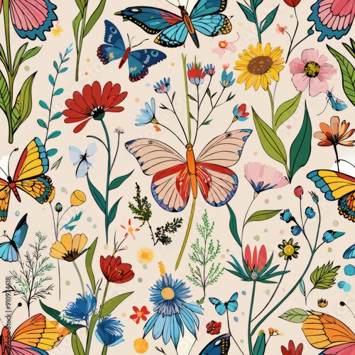 Seamless pattern of wildflowers and butterflies