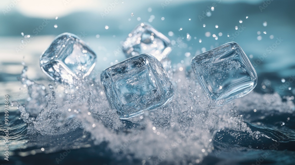 Realistic 3D ice cubes in a water wave splash, highlighting the dynamic and powerful moment of liquid motion. Beautiful and energetic. Realistic 3D ice cubes in a water wave splash, highlighting the dynamic and powerful moment of liquid motion. Beautiful and energetic.