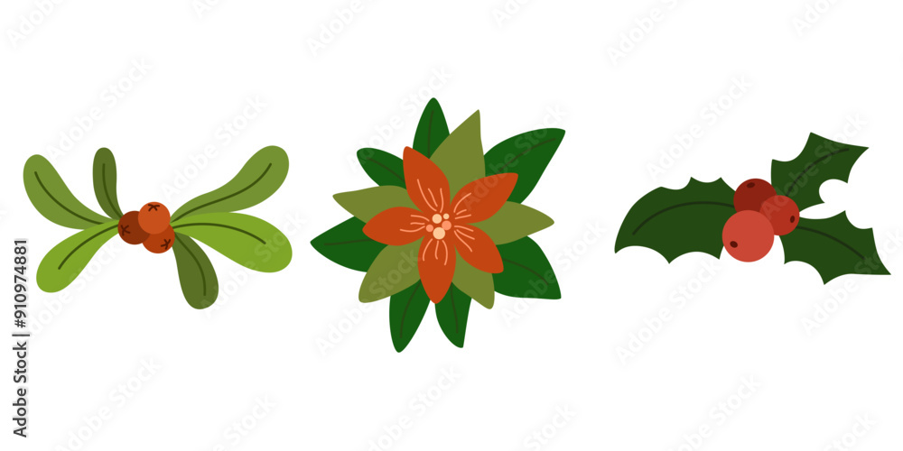 Christmas plants, decor. Red berries, flower, leaf, branch of poinsettia, mistletoe, holly. Xmas floral blooms, leaves. Natural decoration. Flat vector illustrations isolated on white background Christmas plants, decor. Red berries, flower, leaf, branch of poinsettia, mistletoe, holly. Xmas floral blooms, leaves. Natural decoration. Flat vector illustrations isolated on white background