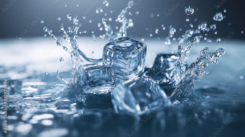 Realistic 3D ice cubes in a water wave splash, highlighting the dynamic and powerful moment of liquid motion. Beautiful and energetic. Realistic 3D ice cubes in a water wave splash, highlighting the dynamic and powerful moment of liquid motion. Beautiful and energetic.
