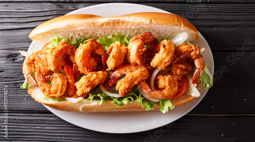 Delicious louisiana po'boy sandwich with fried shrimps, lettuce, tomato, and onion on a dark wooden table is waiting to be eaten photo