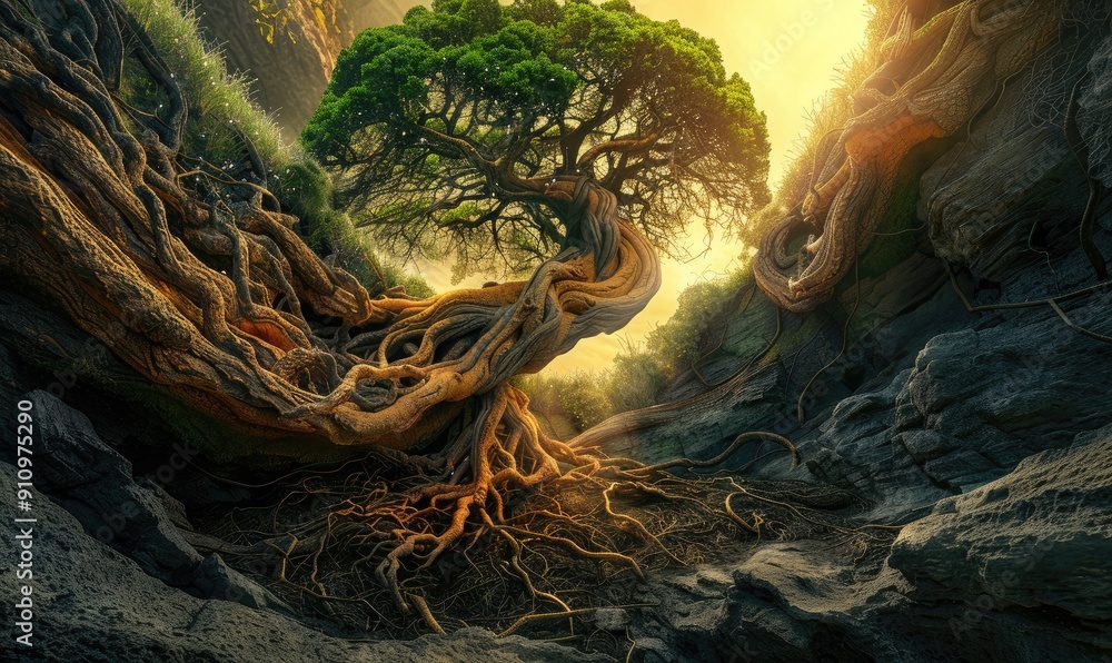 An isolated tree stands resiliently in a landscape bathed in the golden rays of a setting sun, with water reflections.