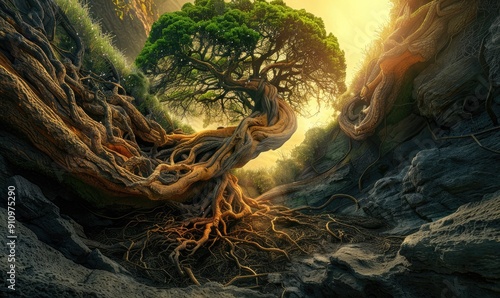 An isolated tree stands resiliently in a landscape bathed in the golden rays of a setting sun, with water reflections.