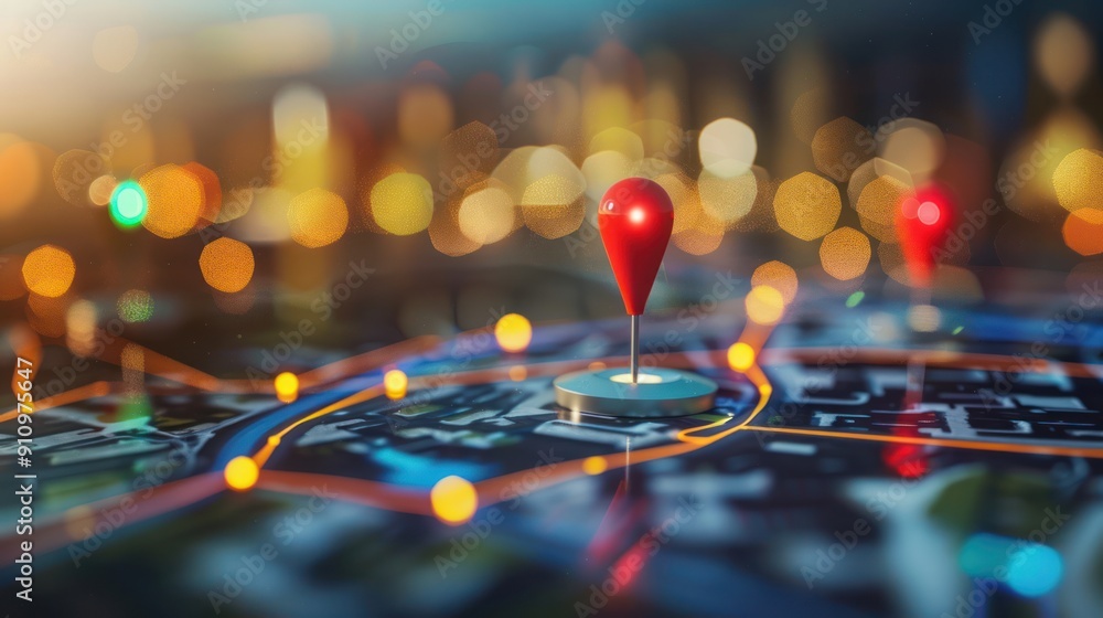 Red Pin on City Map with Blurry Lights Red Pin on City Map with Blurry Lights