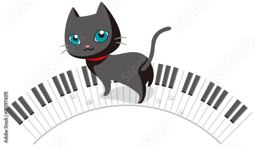 ピアノの鍵盤の上に乗る黒猫のベクターイラスト（鍵盤円弧）