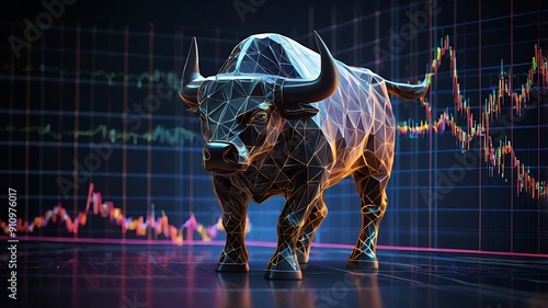 Stock market illustration of bull market, growth in net worth of market in a bullish asset market, trading up worth graph, golden bull on blue background