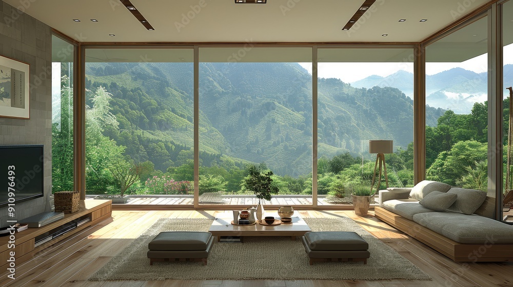 Fototapeta premium Modern living room with large windows and light wood accents