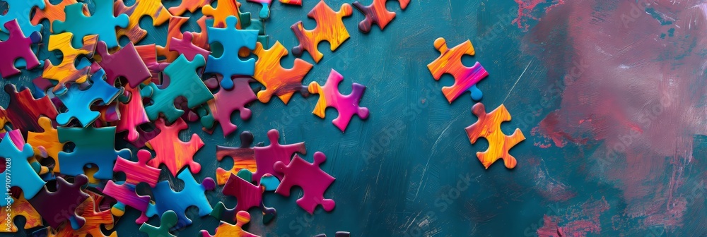 A collection of vibrant puzzle pieces are randomly scattered on a textured teal background, representing challenge and creativity.