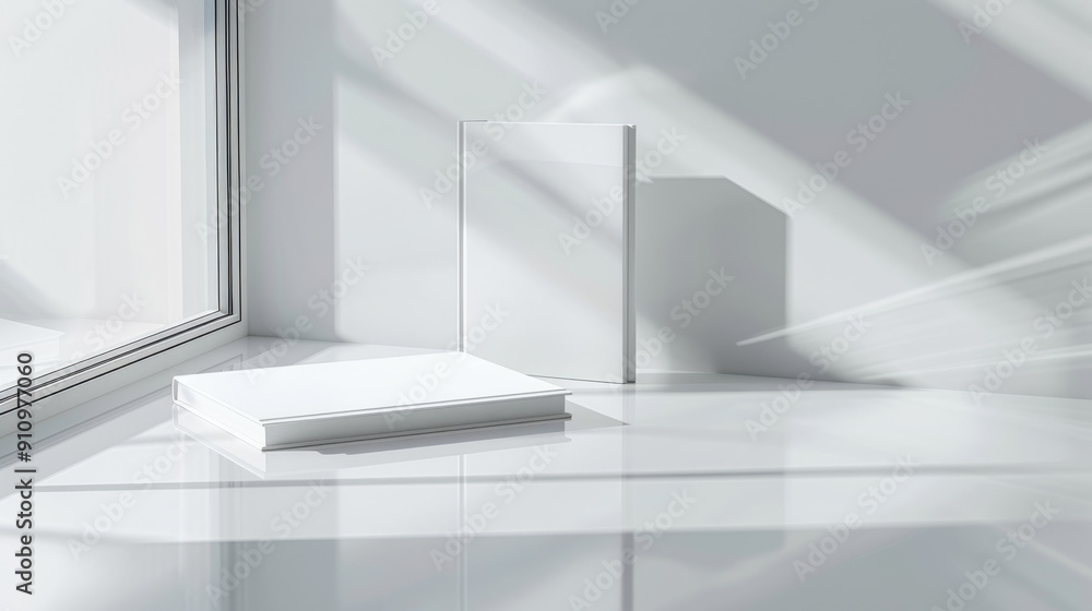 A realistic photograph of two hardcover books with plain white covers, one standing and one lying flat, on a sleek glass surface A realistic photograph of two hardcover books with plain white covers, one standing and one lying flat, on a sleek glass surface