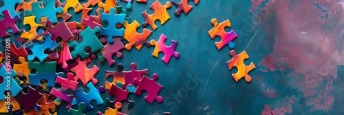 Obraz na płótnie A collection of vibrant puzzle pieces are randomly scattered on a textured teal background, representing challenge and creativity. w salonie