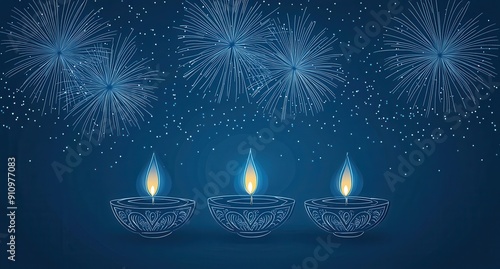 diwali celebration background with blue lights, fireworks and burning candles