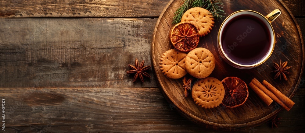 Bird s eye view of mulled wine in a mug on a circular dish with treats on a wooden surface with copy space image Bird s eye view of mulled wine in a mug on a circular dish with treats on a wooden surface with copy space image