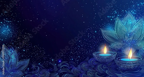 diwali celebration background with blue lights and burning candles