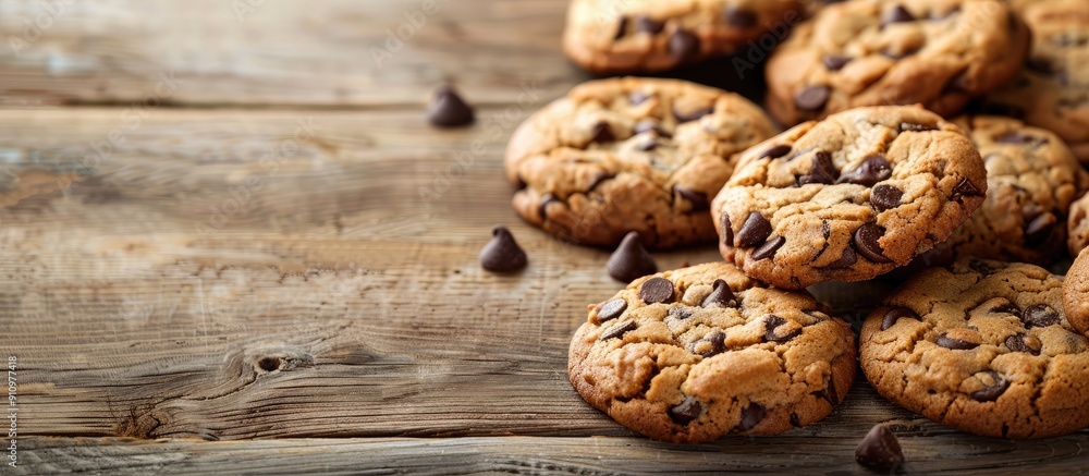 Chocolate chip cookies displayed on a wooden table with copy space image Chocolate chip cookies displayed on a wooden table with copy space image