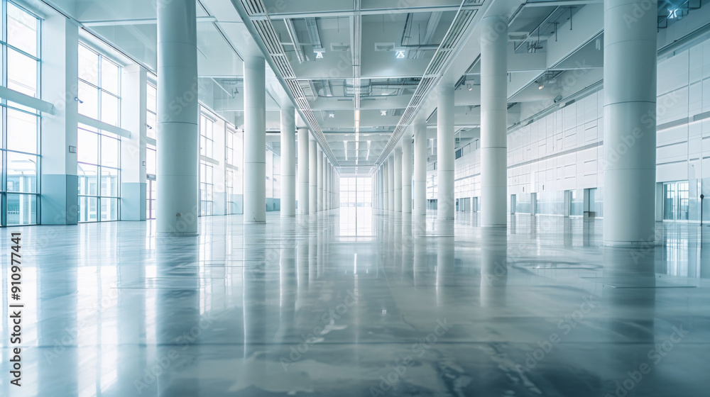 Expansive, brightly lit empty hall with reflective flooring and tall white columns creating a sense of vast open space and modern architectural design. Expansive, brightly lit empty hall with reflective flooring and tall white columns creating a sense of vast open space and modern architectural design.