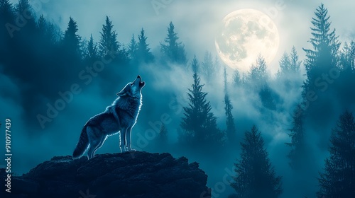 Wolf Howling at the Moon in a Foggy Forest. photo