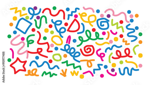 Fun colorful abstract line doodle shape set. Creative minimalist style art symbol collection for children or party celebration with modern shapes. Simple upbeat childish drawing scribble decoration.
