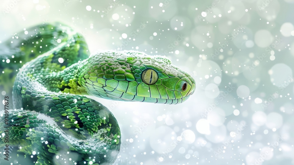 A green snake symbol 2025 is shown in a snowy background. Zodiac sign according to the Chinese horoscope. A green snake symbol 2025 is shown in a snowy background. Zodiac sign according to the Chinese horoscope.