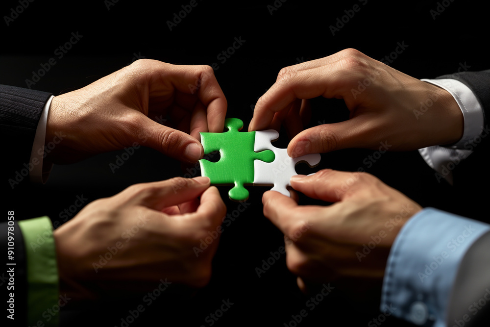 Fototapeta premium hands holding a green puzzle piece with business people putting it together, concept for collaboration ,team work