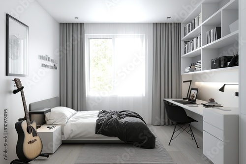 Bright bedroom with white walls, light grey wooden flooring, minimal furniture including an electric guitar, desk with black metal shelves, and single bed in neutral tones.