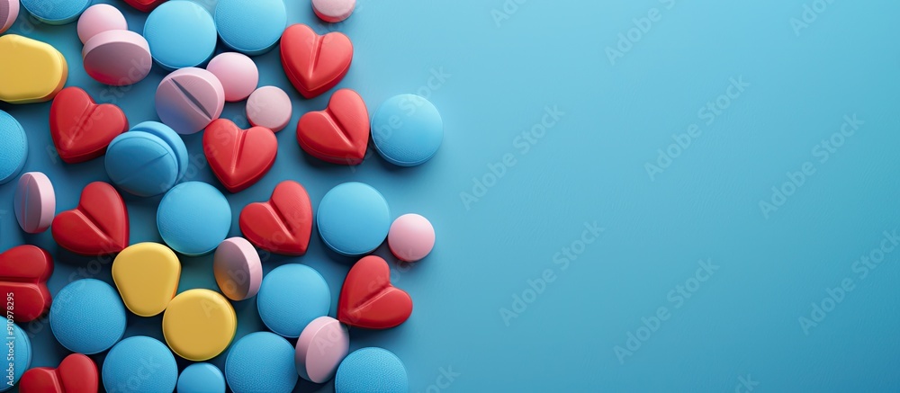 A variety of round tablets displayed creatively against a vibrant blue backdrop conveying healthcare and wellness themes with heart shaped pills included and space for text or images A variety of round tablets displayed creatively against a vibrant blue backdrop conveying healthcare and wellness themes with heart shaped pills included and space for text or images