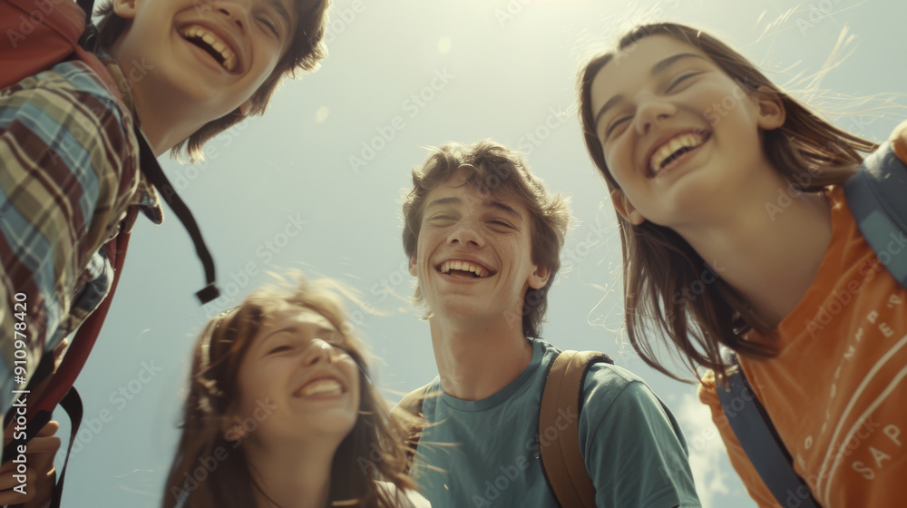 Obraz premium Group of teenagers laughing and enjoying a sunny day outdoors, capturing the essence of youthful joy and friendship.