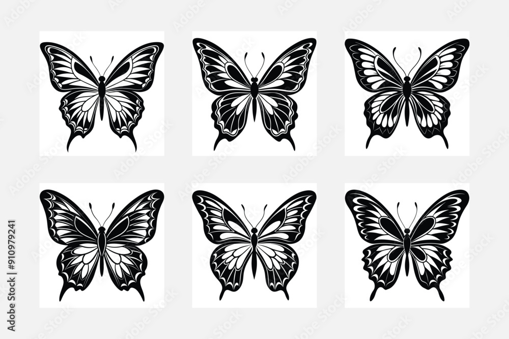 Elegant butterfly silhouette white background artwork set
Elegant butterfly silhouette white background artwork set