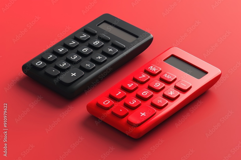 Black and Red Calculators on Red Background Black and Red Calculators on Red Background
