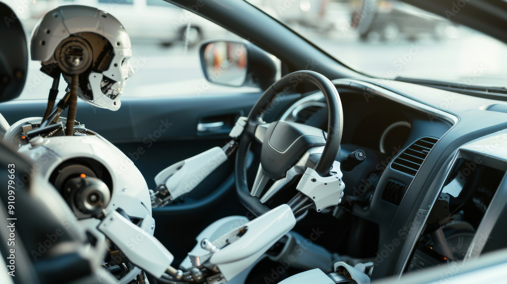 A robot sits attentively at the wheel of a modern car, exemplifying the future of autonomous driving technology and AI integration. A robot sits attentively at the wheel of a modern car, exemplifying the future of autonomous driving technology and AI integration.