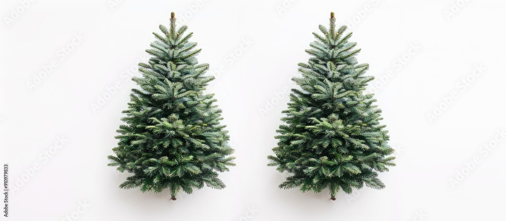 Two Christmas trees on a white background creating a festive holiday setting with a flat lay and top view perfect for a copy space image Two Christmas trees on a white background creating a festive holiday setting with a flat lay and top view perfect for a copy space image