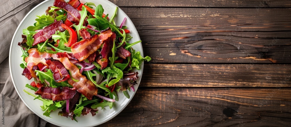 Healthy spring salad with fresh greens red vegetables and crispy bacon served on a white plate atop a wooden table perfect for a copy space image Healthy spring salad with fresh greens red vegetables and crispy bacon served on a white plate atop a wooden table perfect for a copy space image