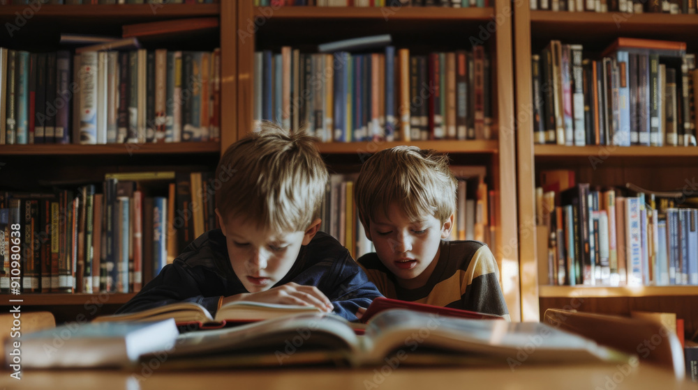 Two young boys sit at a table in a cozy library, deeply immersed in reading books amidst shelves filled with literature. Two young boys sit at a table in a cozy library, deeply immersed in reading books amidst shelves filled with literature.
